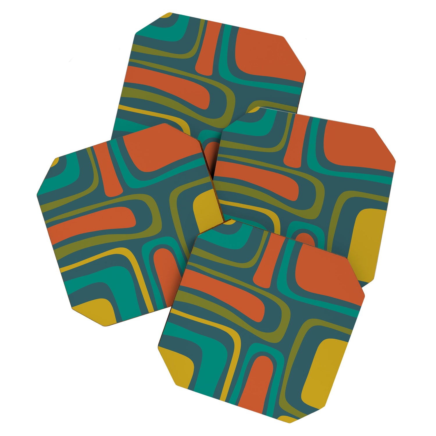 Palm Springs Mid Century Modern Abstract Pattern in Teal and Mid Mod Orange, Olive, Mustard Coaster Gallery Image 1