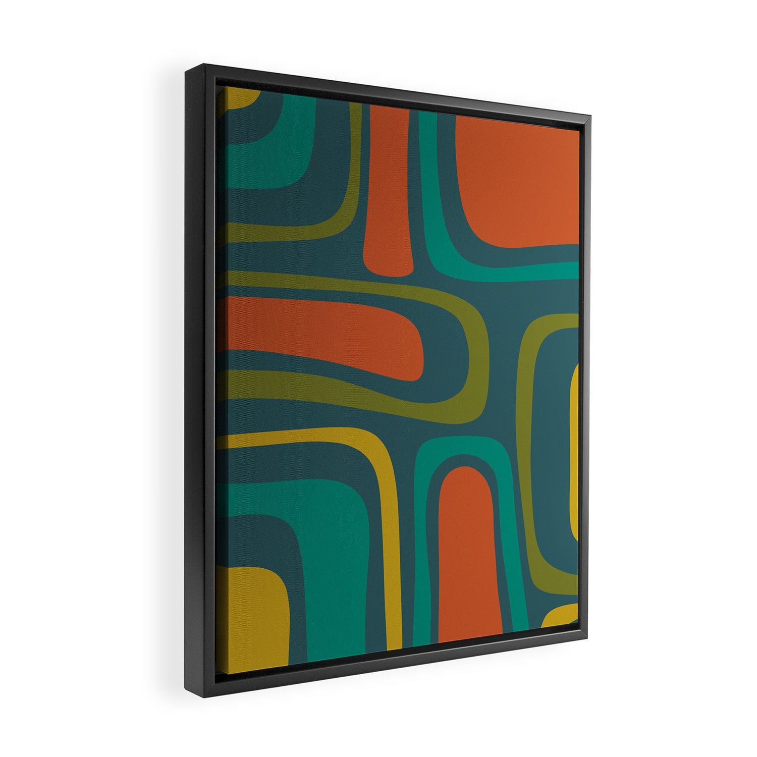 Palm Springs Mid Century Modern Abstract Pattern in Teal and Mid Mod Orange, Olive, Mustard Framed Canvas Print Gallery Image 2
