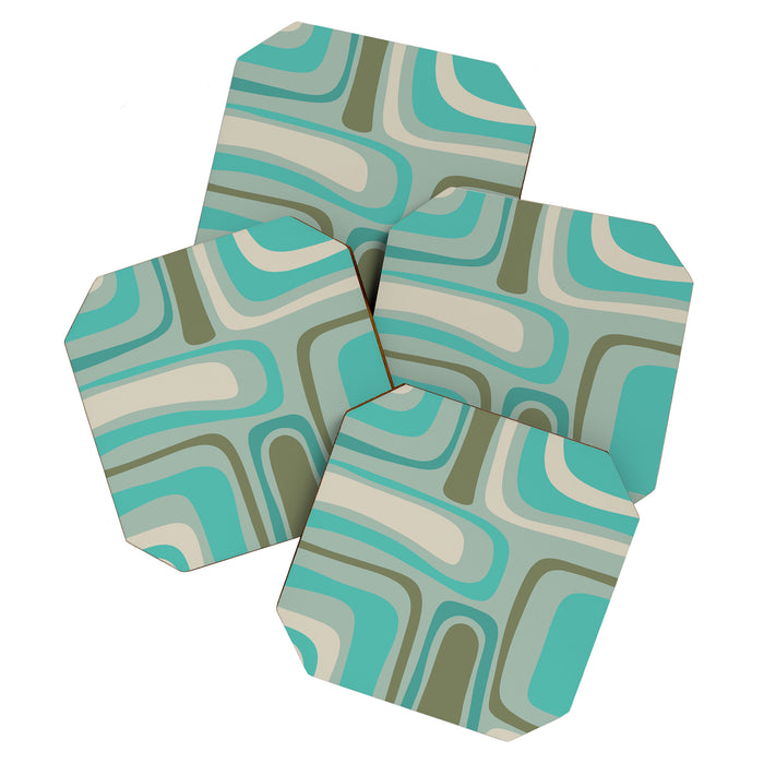 Palm Springs Mid Century Modern Abstract Pattern in Vintage Turquoise and Olive Coaster Gallery Image 1