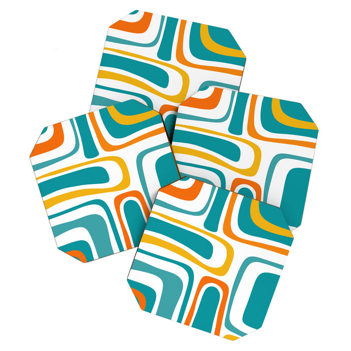 Palm Springs Mid Century Modern Abstract Pattern Orange Mustard Turquoise White Coaster Gallery Image 1