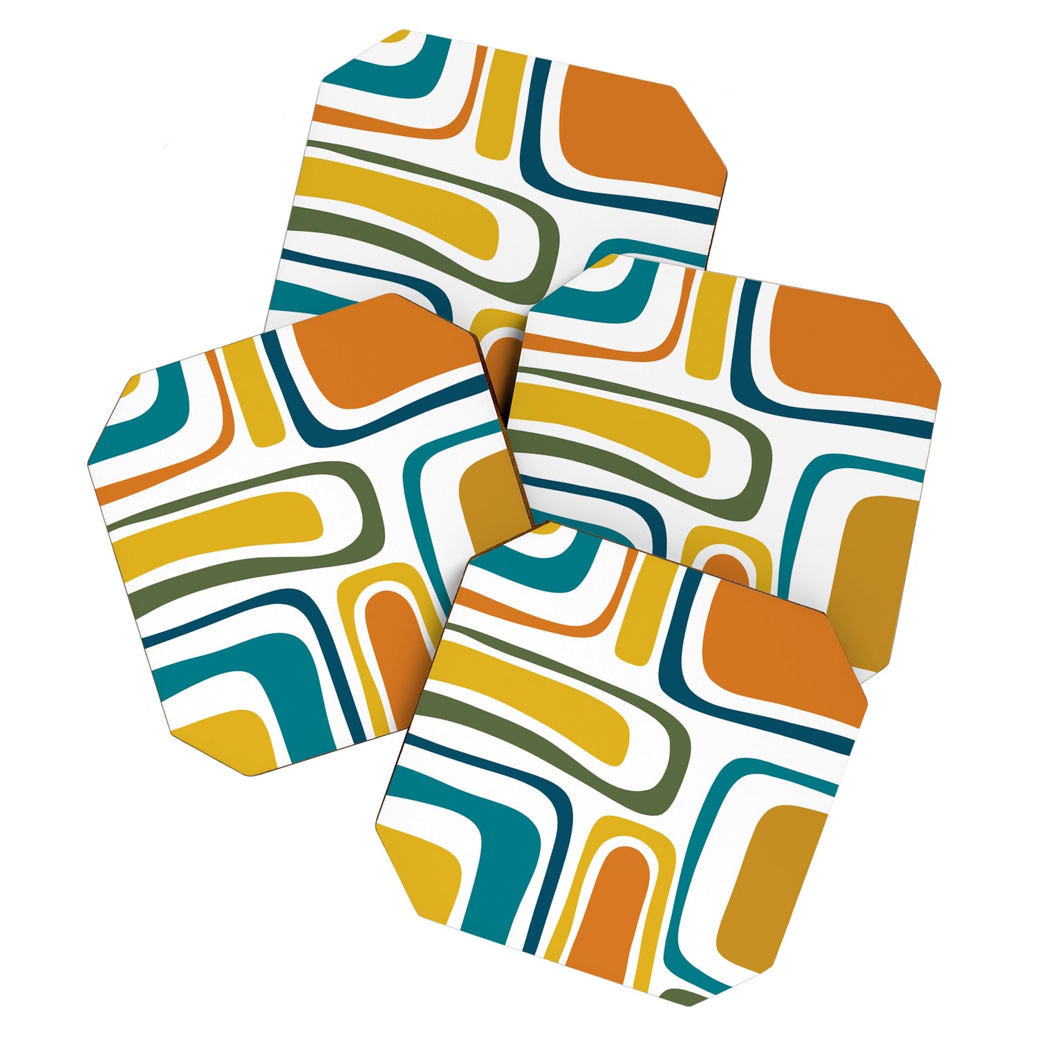 Palm Springs Midcentury Modern Abstract in Moroccan Teal, Orange, Mustard, Olive, and White Coaster Gallery Image 1