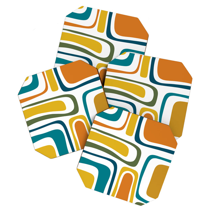 Palm Springs Midcentury Modern Abstract in Moroccan Teal, Orange, Mustard, Olive, and White Coaster Gallery Image 1