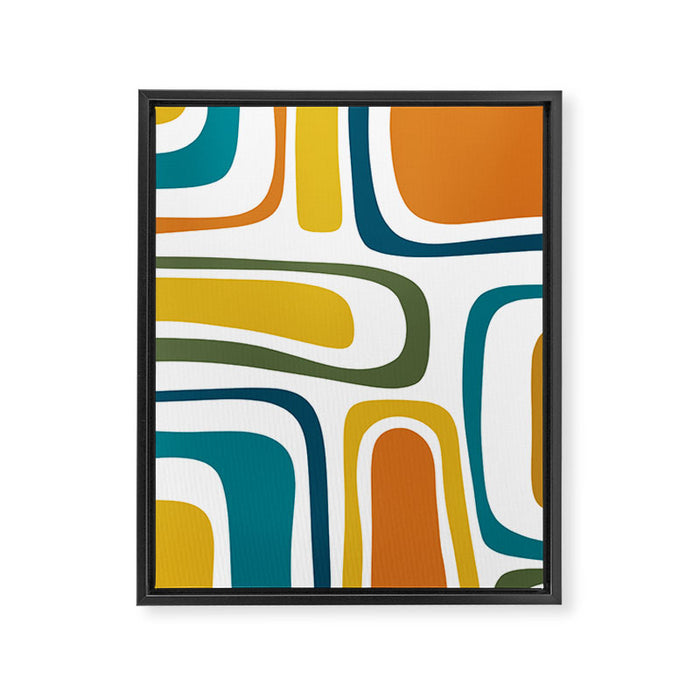Palm Springs Midcentury Modern Abstract in Moroccan Teal, Orange, Mustard, Olive, and White Framed Canvas Print Gallery Image 1