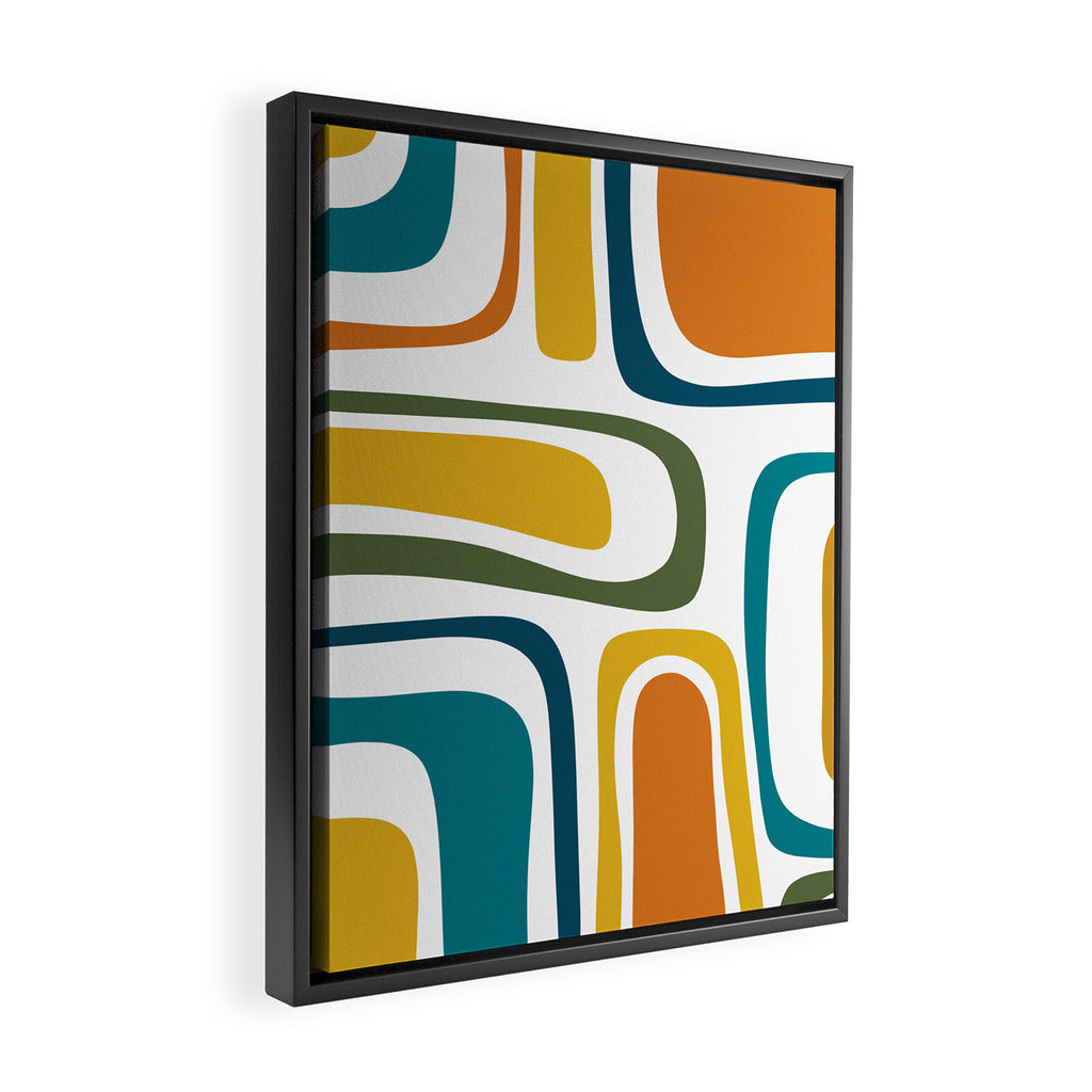 Palm Springs Midcentury Modern Abstract in Moroccan Teal, Orange, Mustard, Olive, and White Framed Canvas Print Gallery Image 2