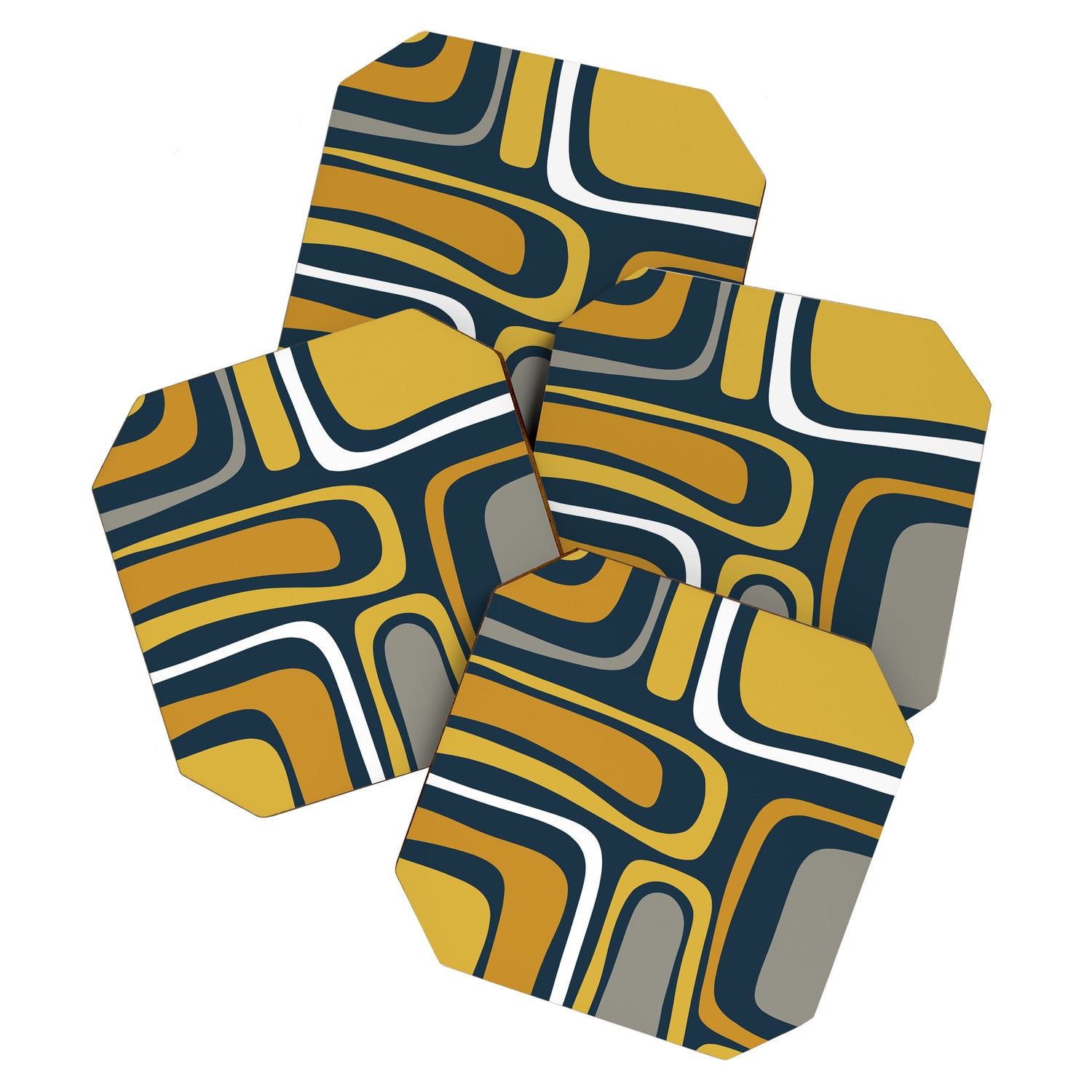 Palm Springs Mid-Century Modern Abstract Pattern in Light and Dark Mustard, Gray, and White on Navy Blue Coaster Gallery Image 1