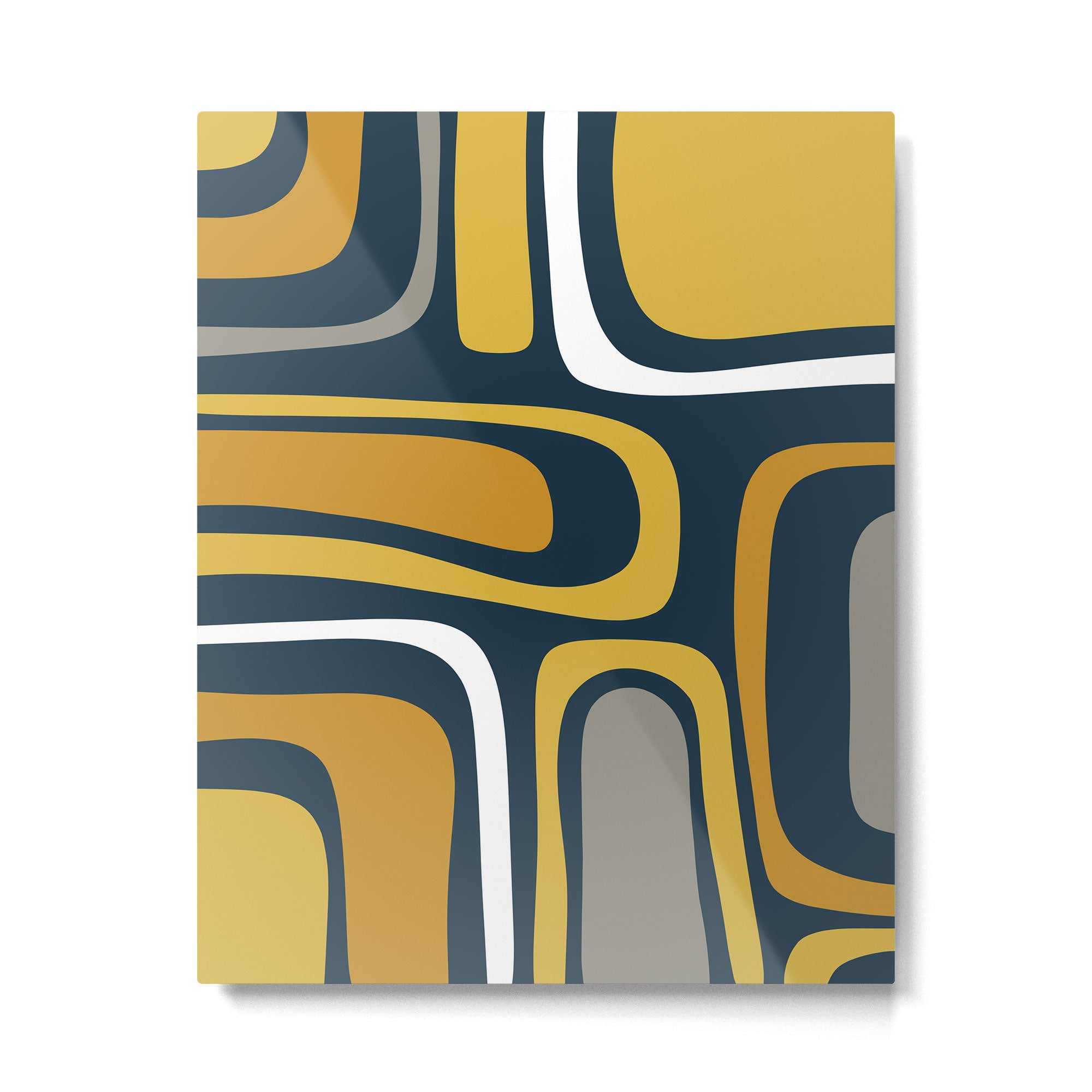Palm Springs Mid-Century Modern Abstract Pattern in Light and Dark Mustard, Gray, and White on Navy Blue Metal Print Gallery Image 6