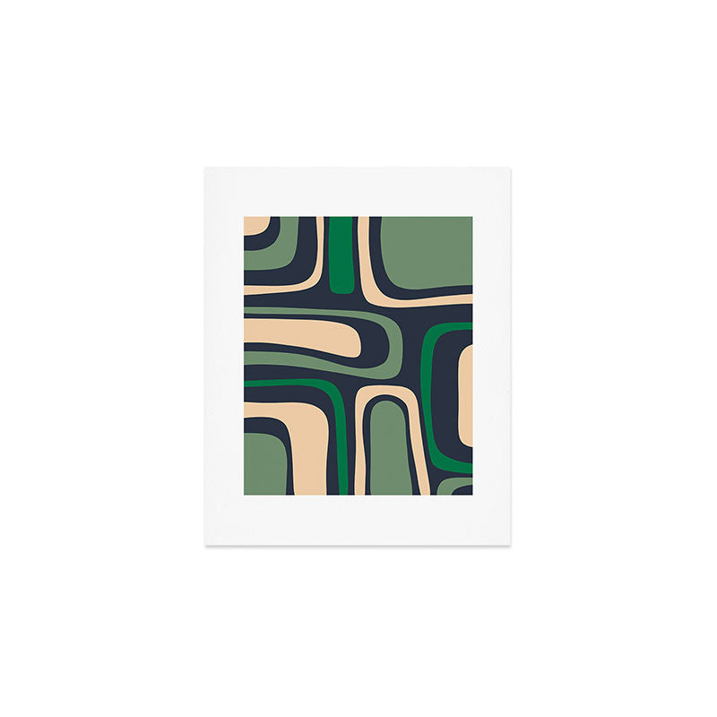 Palm Springs Retro Mid Century Modern Abstract Pattern Dark Blue, Green, and Beige Art Print Gallery Image 1