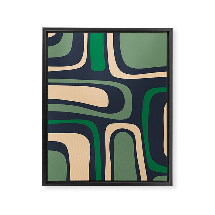 Palm Springs Retro Mid Century Modern Abstract Pattern Dark Blue, Green, and Beige Framed Canvas Print Gallery Image 1