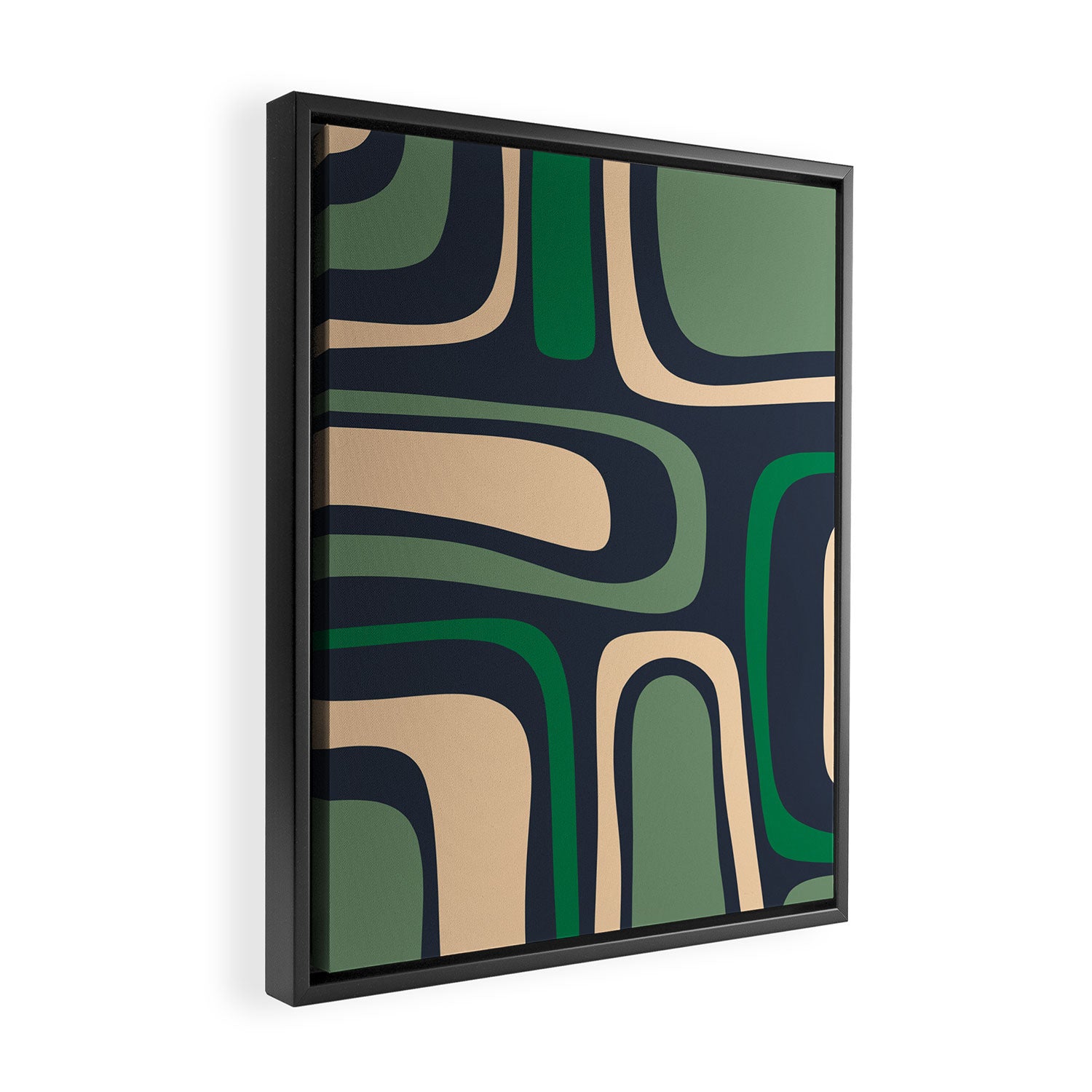 Palm Springs Retro Mid Century Modern Abstract Pattern Dark Blue, Green, and Beige Framed Canvas Print Gallery Image 2