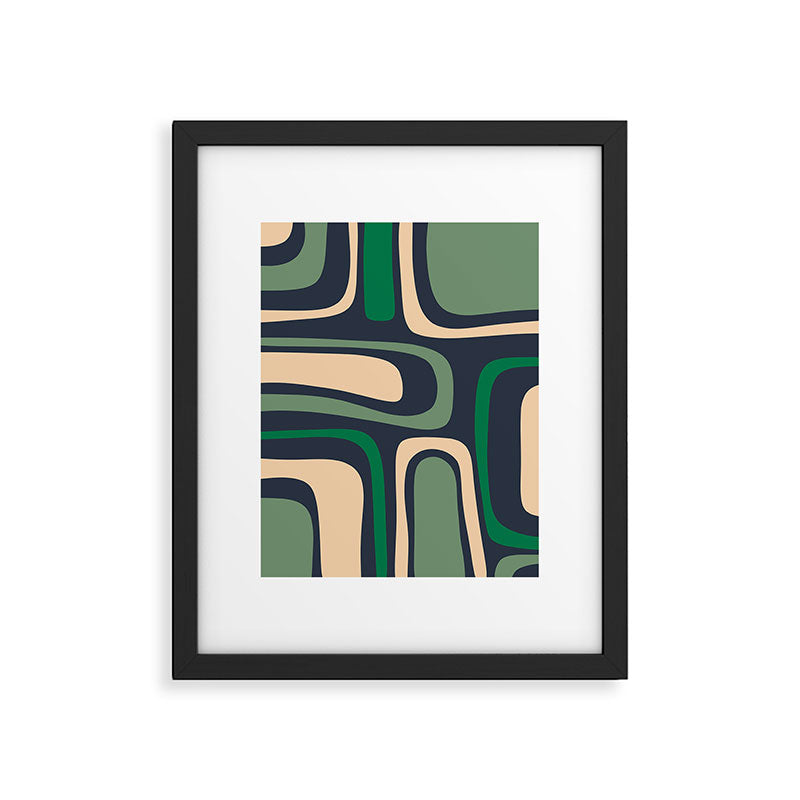 Palm Springs Retro Mid Century Modern Abstract Pattern Dark Blue, Green, and Beige Framed Art Print Gallery Image 6