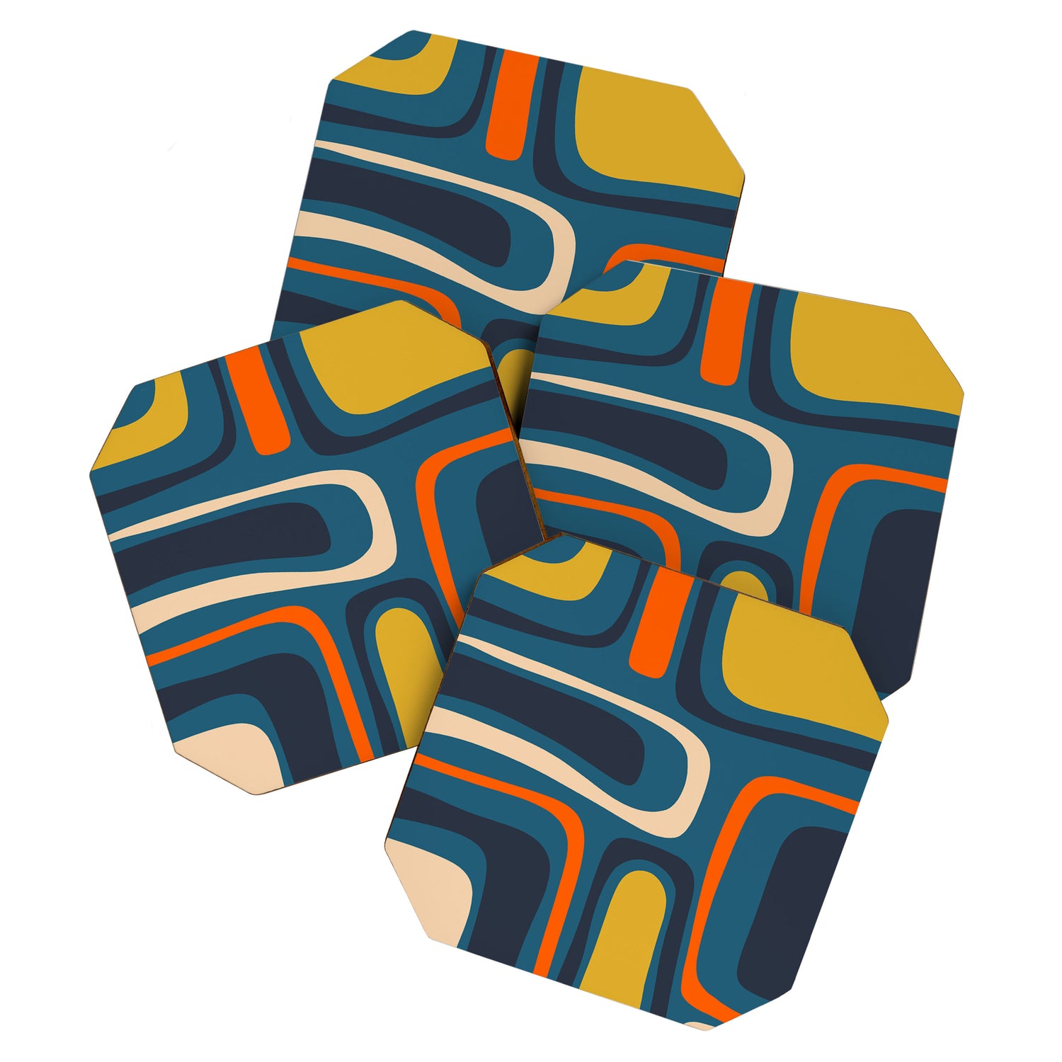 Palm Springs Retro Mid Century Modern Abstract Pattern Blue Orange Mustard Beige Coaster Gallery Image 1