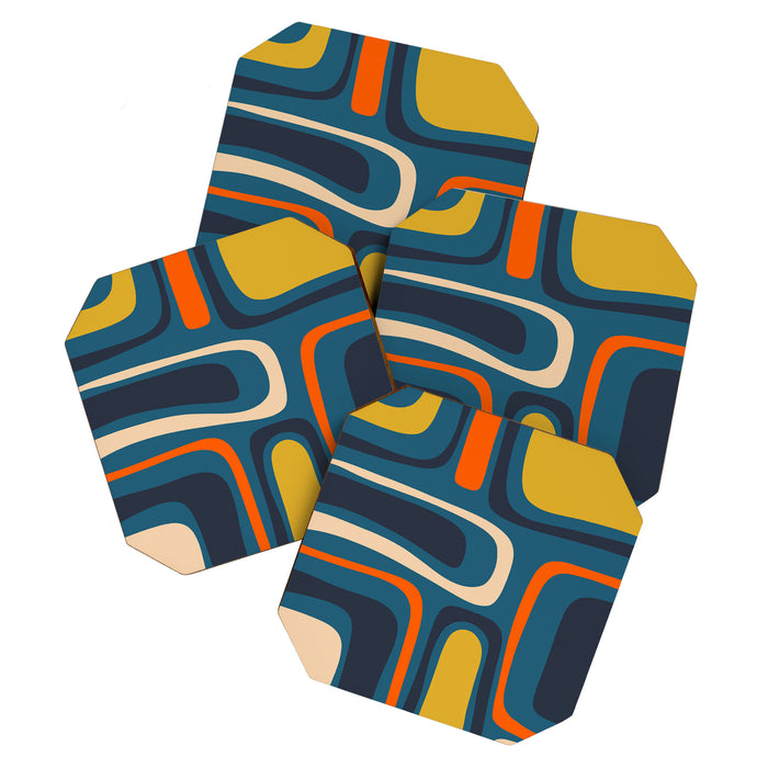 Palm Springs Retro Mid Century Modern Abstract Pattern Blue Orange Mustard Beige Coaster Gallery Image 1