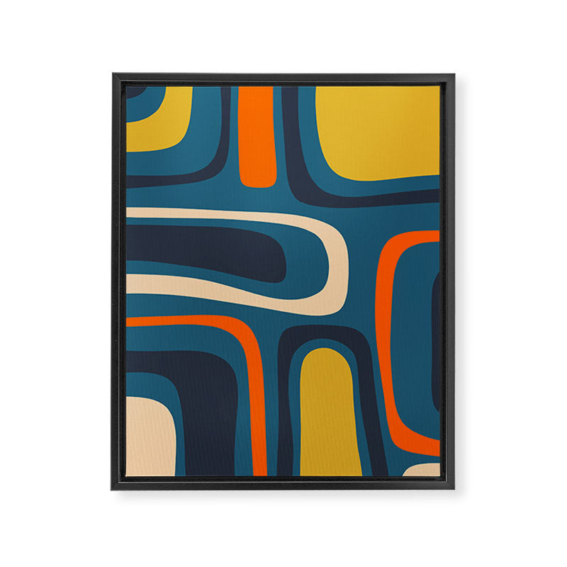 Palm Springs Retro Mid Century Modern Abstract Pattern Blue Orange Mustard Beige Framed Canvas Print Gallery Image 8