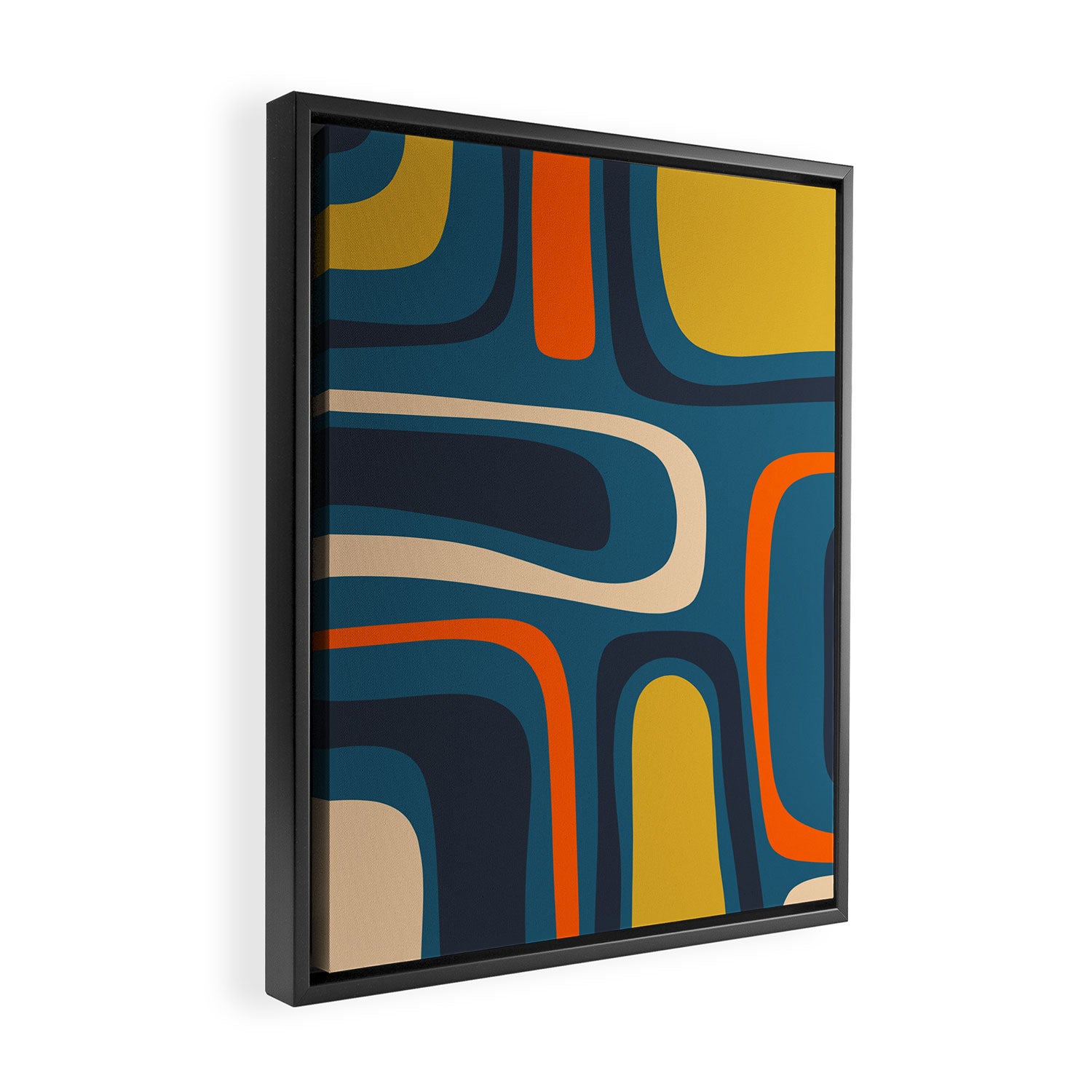 Palm Springs Retro Mid Century Modern Abstract Pattern Blue Orange Mustard Beige Framed Canvas Print Gallery Image 2