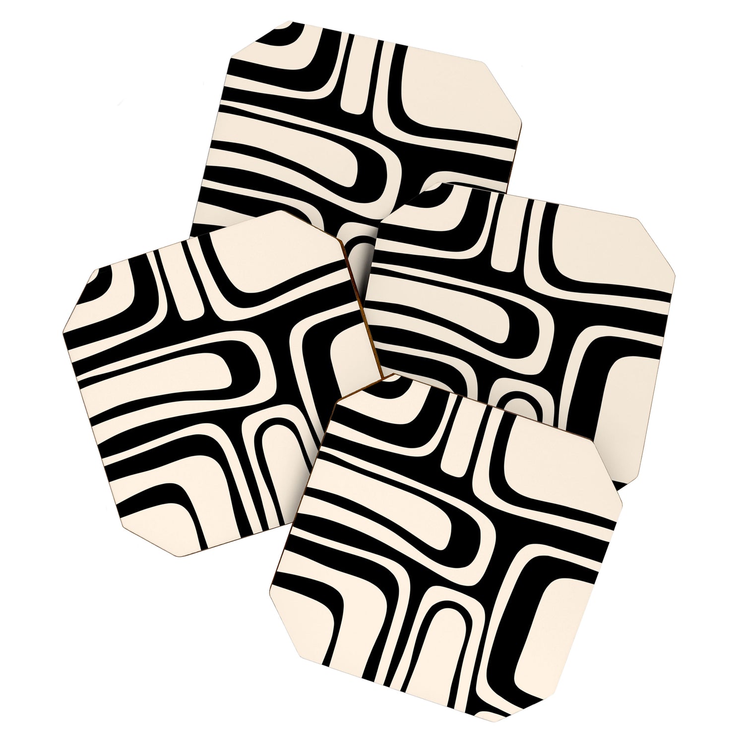 Palm Springs Retro Midcentury Modern Abstract Pattern Black and Almond Cream Coaster Gallery Image 1