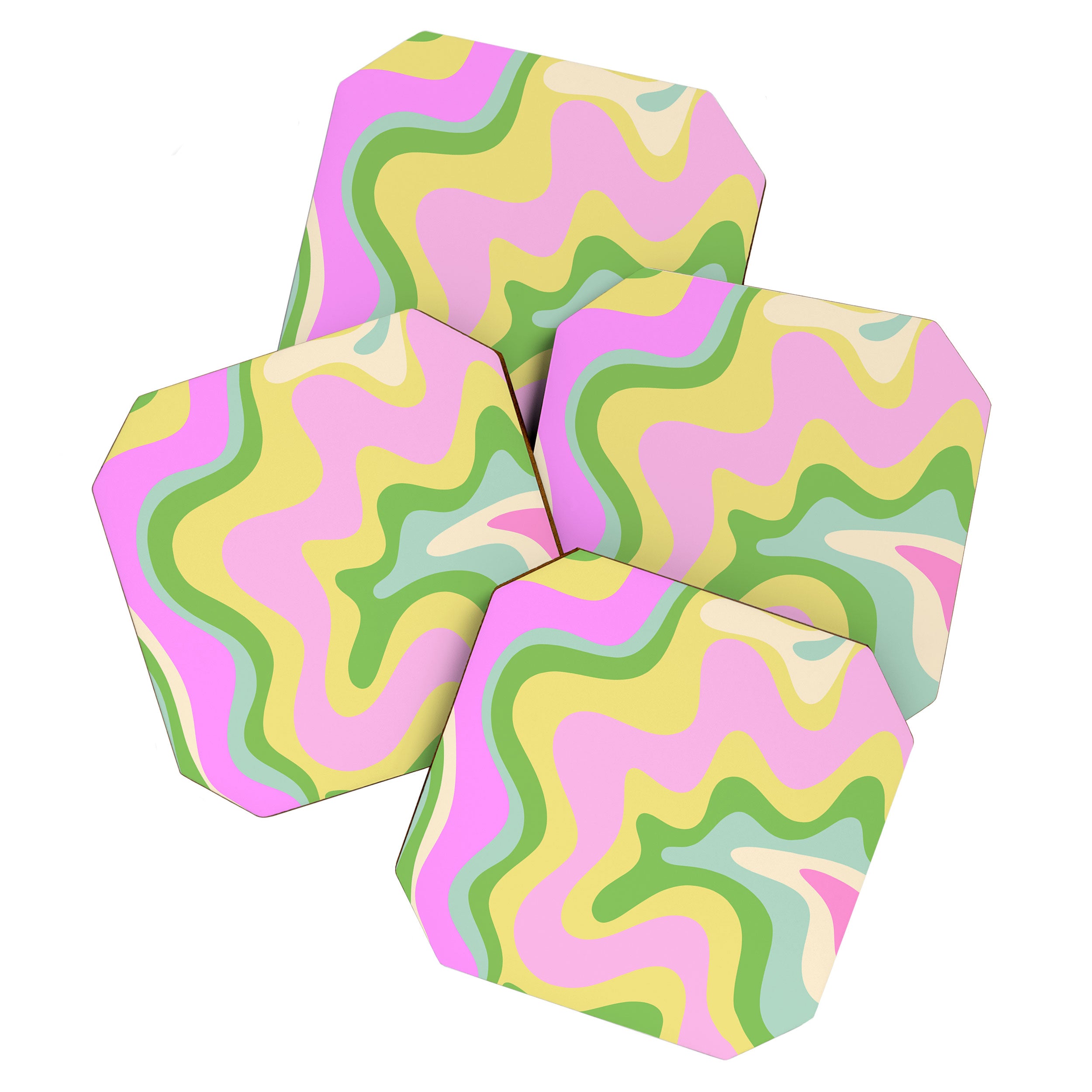 Pastel Retro Liquid Swirl Abstract Pattern Pink Green Yellow Coaster Gallery Image 1