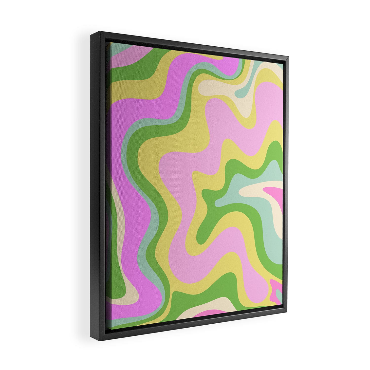 Pastel Retro Liquid Swirl Abstract Pattern Pink Green Yellow Framed Canvas Print Gallery Image 2