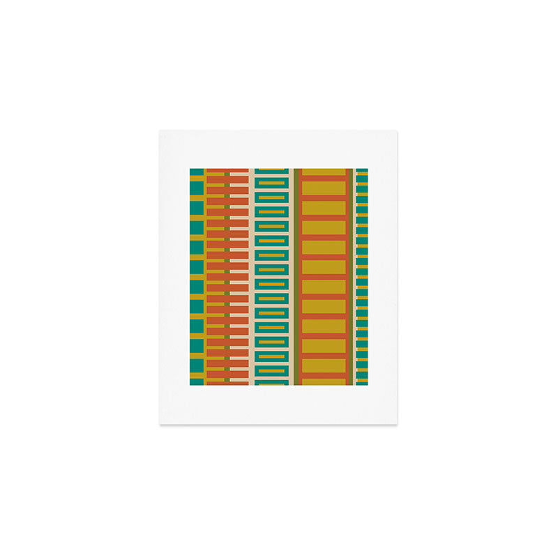 Mid Century Modern Block Stripes Vertical Pattern in Muted Retro Olive, Turquoise Teal, Mustard, Spiced Orange, and Beige  Art Print Gallery Image 1