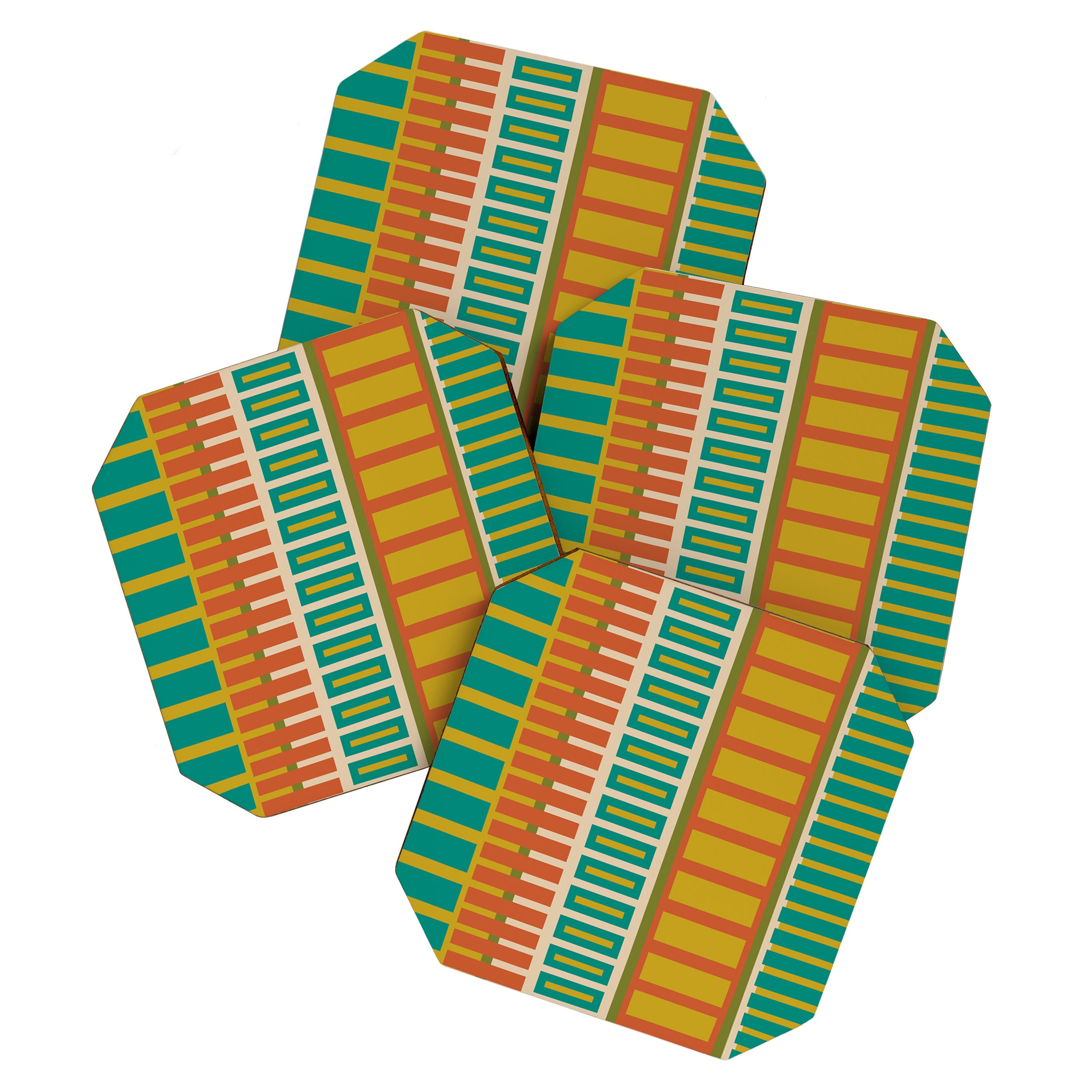 Mid Century Modern Block Stripes Vertical Pattern in Muted Retro Olive, Turquoise Teal, Mustard, Spiced Orange, and Beige  Coaster Gallery Image 1