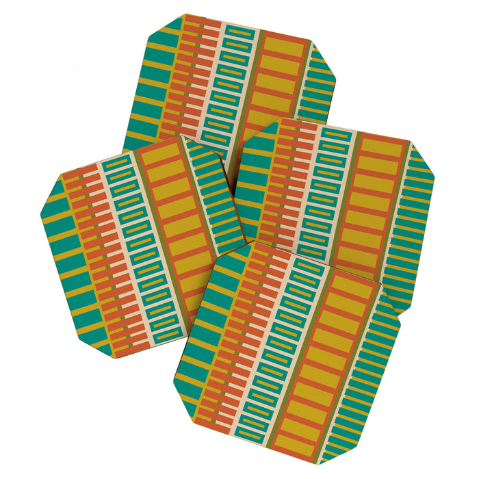 Mid Century Modern Block Stripes Vertical Pattern in Muted Retro Olive, Turquoise Teal, Mustard, Spiced Orange, and Beige  Coaster Gallery Image 1