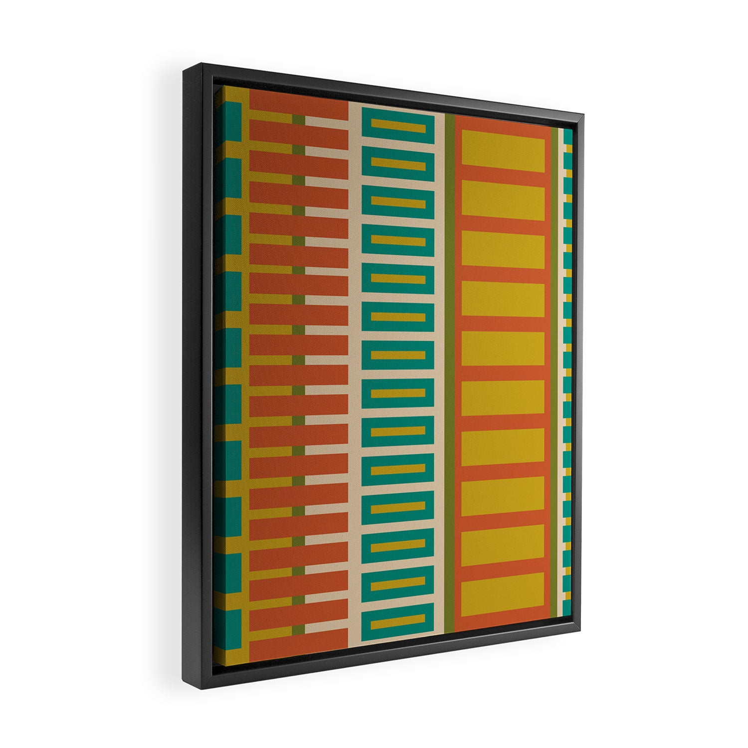 Mid Century Modern Block Stripes Vertical Pattern in Muted Retro Olive, Turquoise Teal, Mustard, Spiced Orange, and Beige  Framed Canvas Print Gallery Image 2