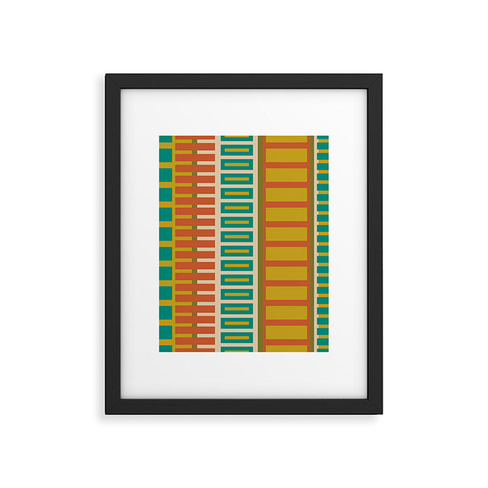 Mid Century Modern Block Stripes Vertical Pattern in Muted Retro Olive, Turquoise Teal, Mustard, Spiced Orange, and Beige  Framed Art Print Gallery Image 1
