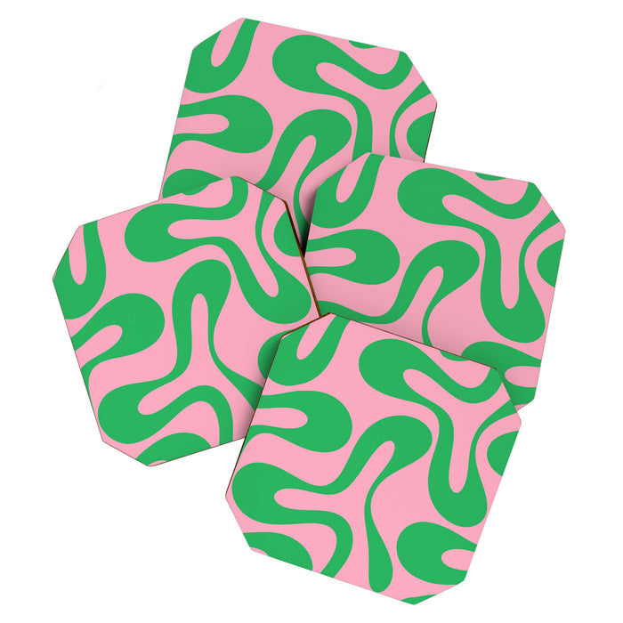 Pink and Green Soft Curves Retro Modern Abstract Pattern Coaster Gallery Image 1
