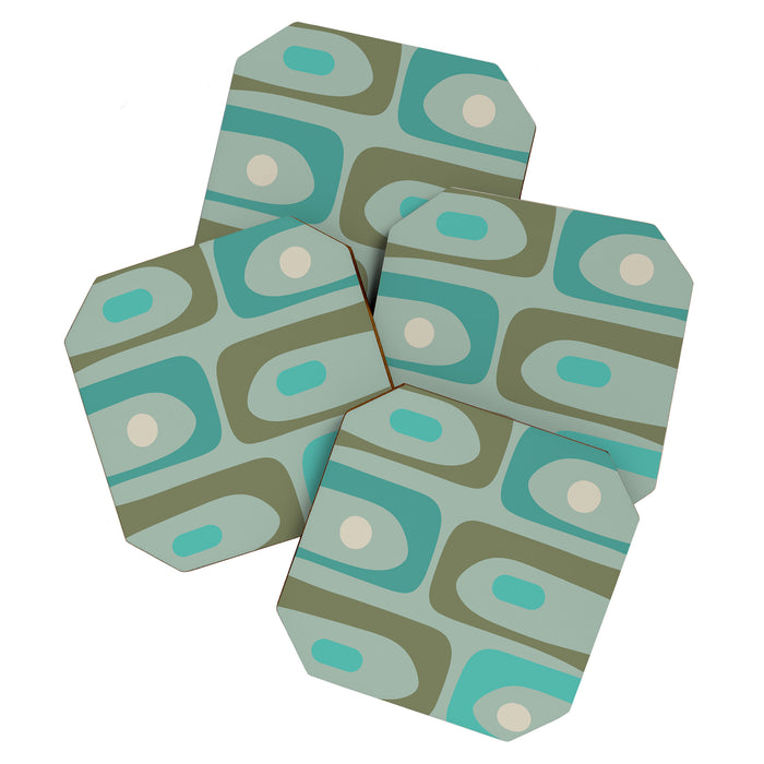 Piquet Mid Century Modern Abstract Pattern in Vintage Turquoise and Olive Coaster Gallery Image 1
