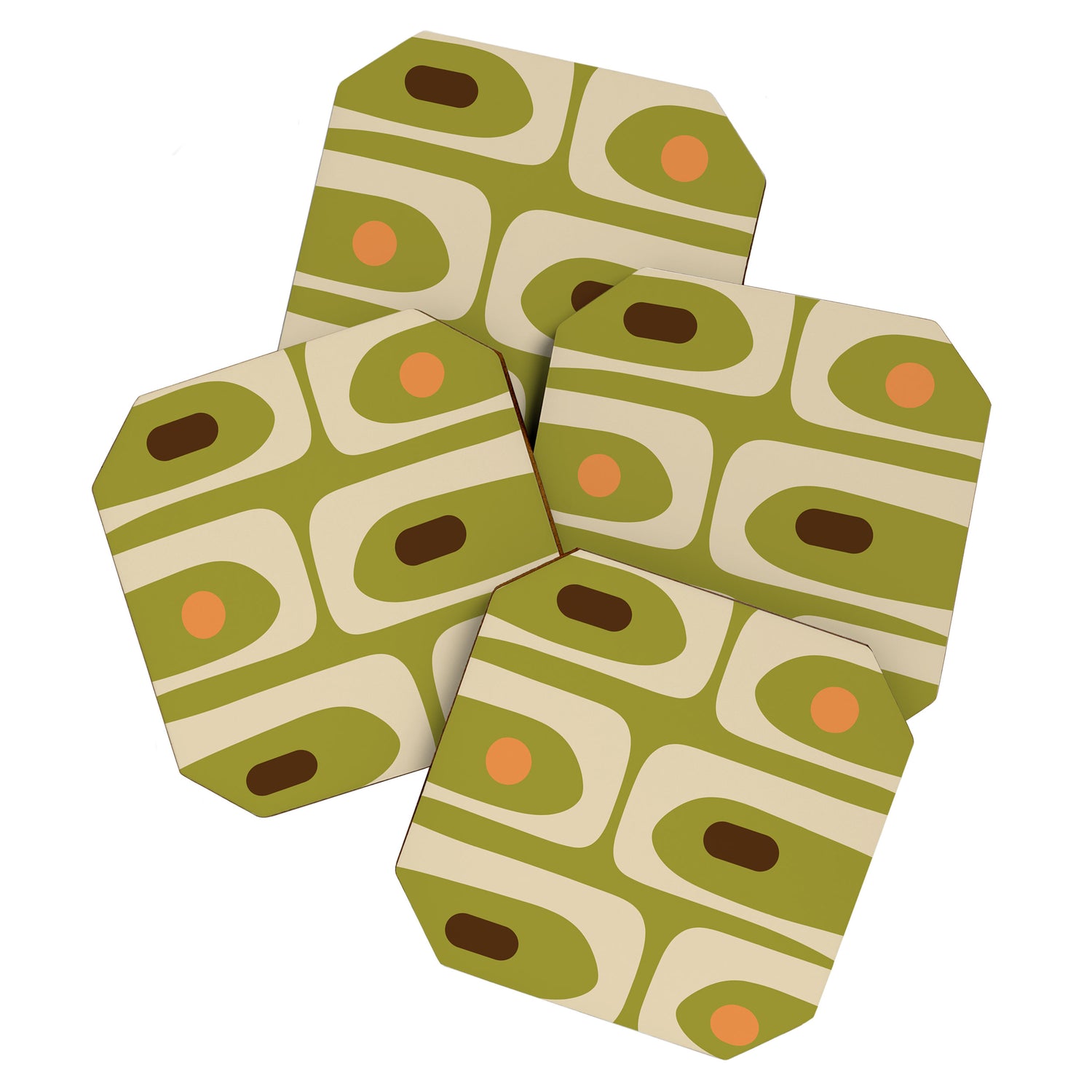 Piquet Mid Century Modern Pattern Avocado Green Orange Beige Coaster Gallery Image 1