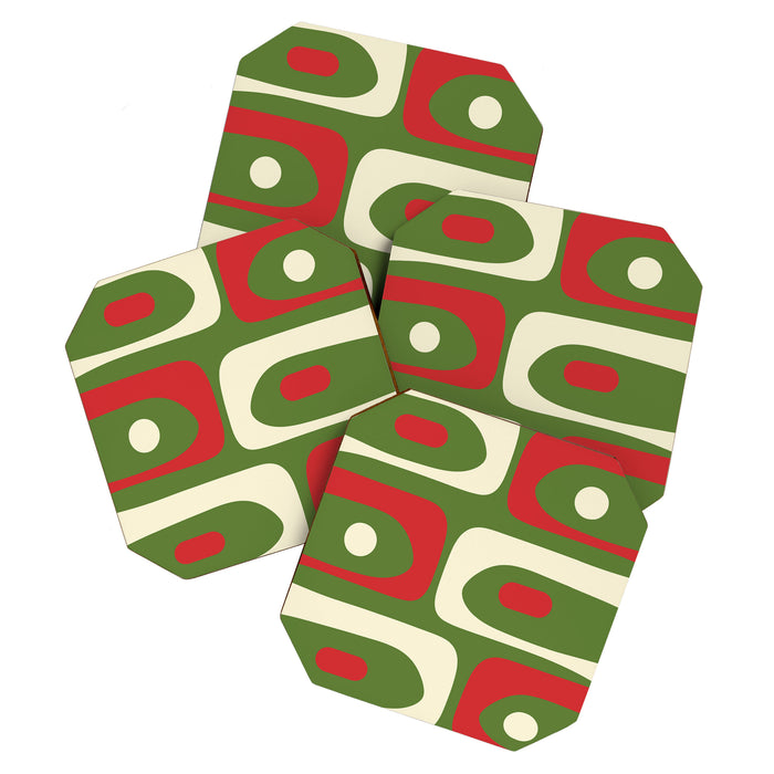 Piquet Mid-Century Modern Minimalist Abstract in Retro Christmas Green, Red, and Cream Coaster Gallery Image 1