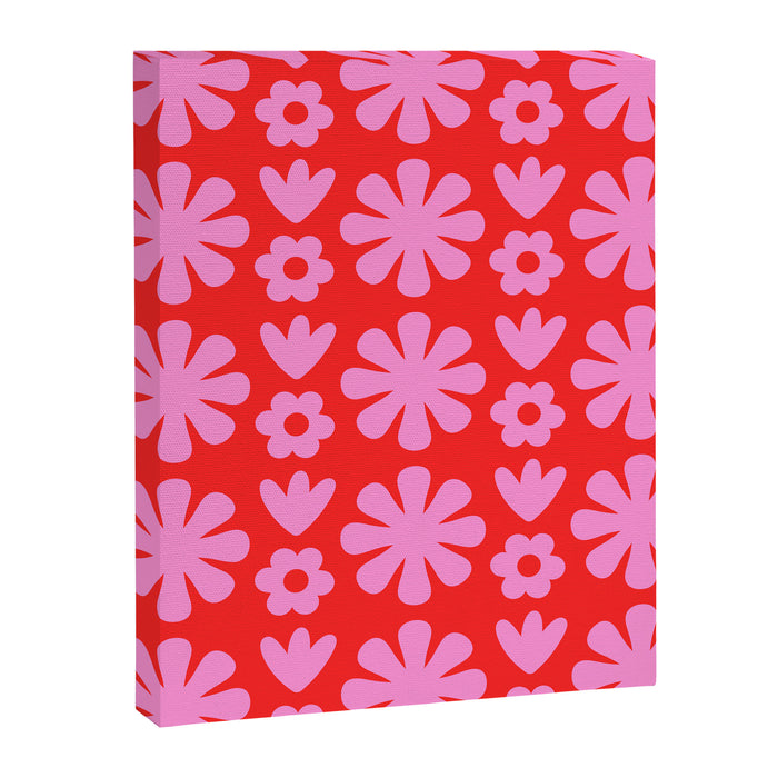 Preppy Pink and Red Scandi Floral Grid Retro Flower Pattern Canvas Print Gallery Image 1