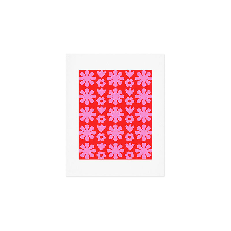 Preppy Pink and Red Scandi Floral Grid Retro Flower Pattern Art Print Gallery Image 1