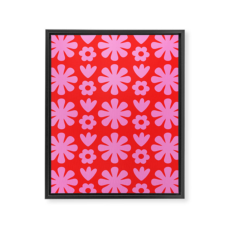 Preppy Pink and Red Scandi Floral Grid Retro Flower Pattern Framed Canvas Print Gallery Image 8