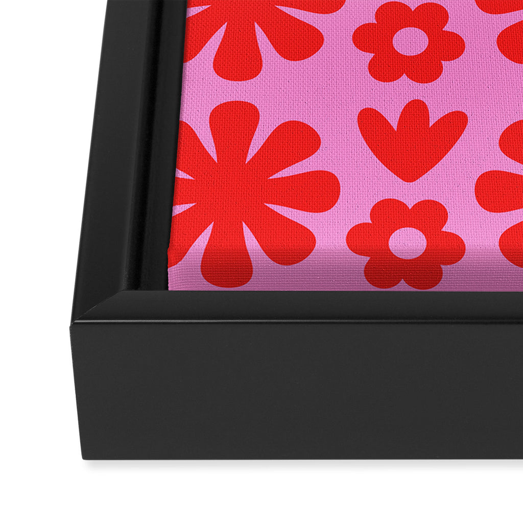 Preppy Pink and Red Scandi Floral Grid Retro Flower Pattern Framed Canvas Print Gallery Image 3