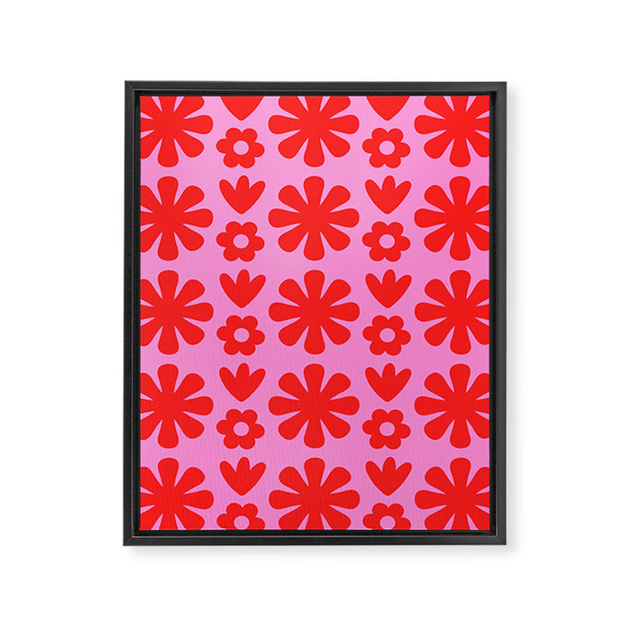 Preppy Pink and Red Scandi Floral Grid Retro Flower Pattern Framed Canvas Print Gallery Image 1