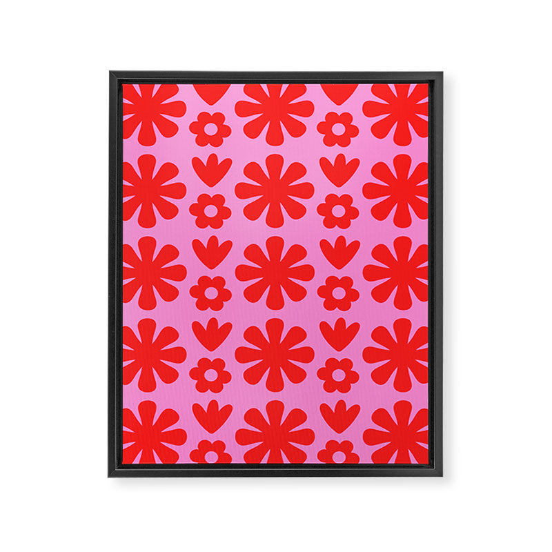 Preppy Pink and Red Scandi Floral Grid Retro Flower Pattern Framed Canvas Print Gallery Image 8