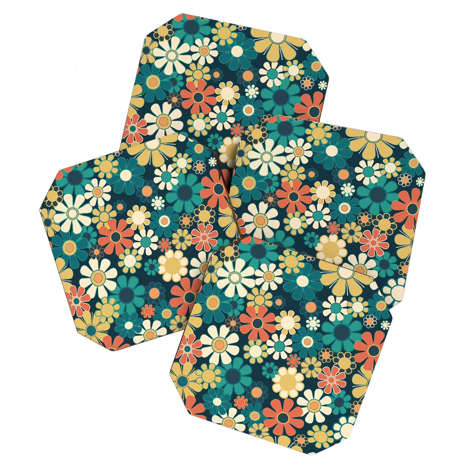 Pretty Groovy Retro Garden 60s 70s Aesthetic Floral Pattern Blue Orange Mustard Teal Coaster Gallery Image 1