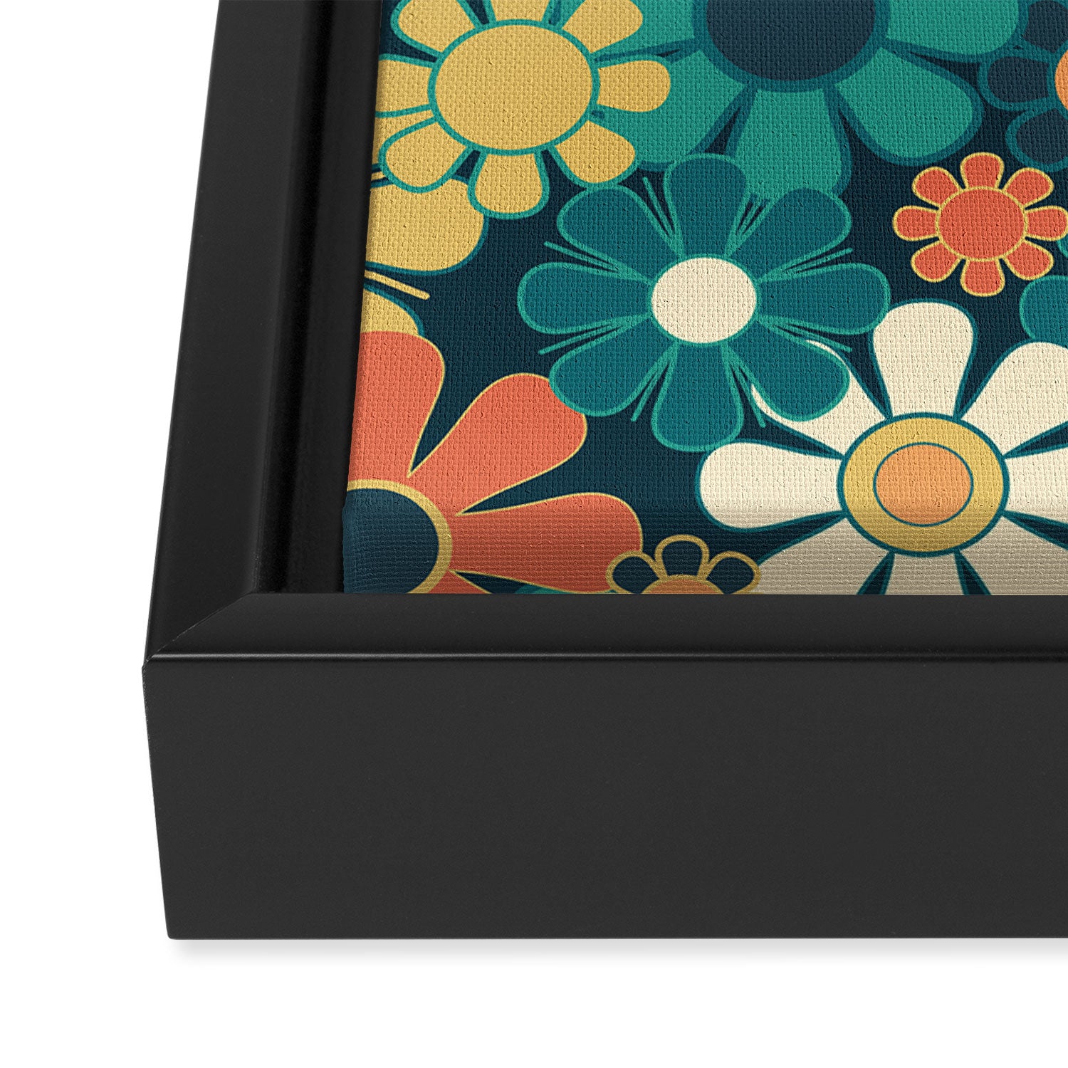 Pretty Groovy Retro Garden 60s 70s Aesthetic Floral Pattern Blue Orange Mustard Teal Framed Canvas Print Gallery Image 3