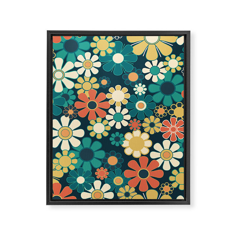 Pretty Groovy Retro Garden 60s 70s Aesthetic Floral Pattern Blue Orange Mustard Teal Framed Canvas Print Gallery Image 8
