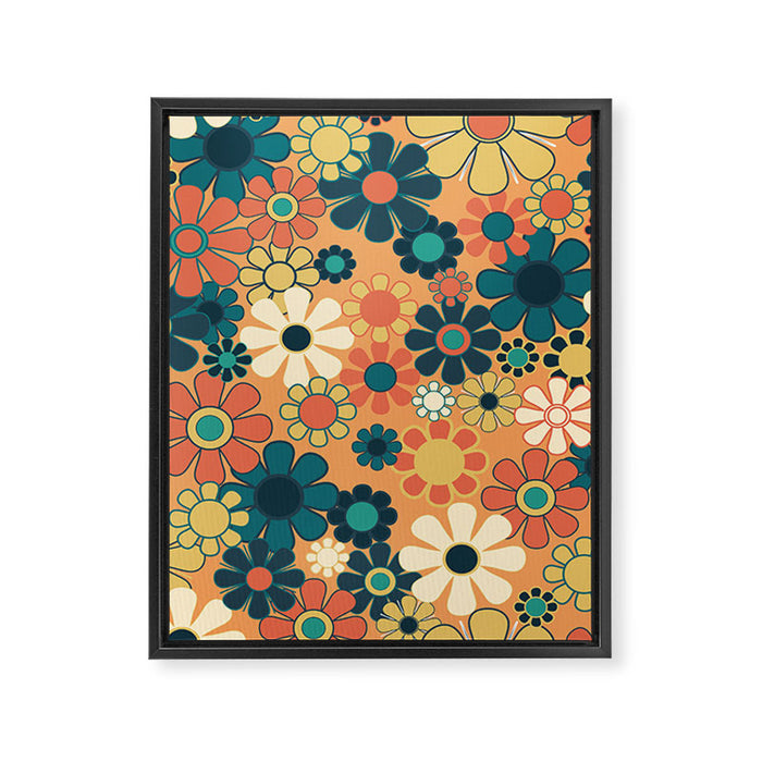 Pretty Groovy Retro Garden 60s 70s Aesthetic Floral Pattern in 1970s Orange Teal Blue and Yellow Framed Canvas Print Gallery Image 1