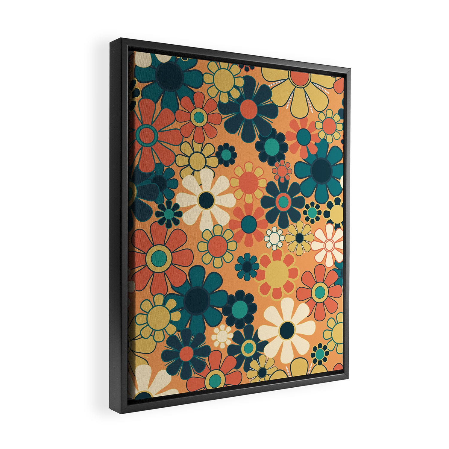 Pretty Groovy Retro Garden 60s 70s Aesthetic Floral Pattern in 1970s Orange Teal Blue and Yellow Framed Canvas Print Gallery Image 2