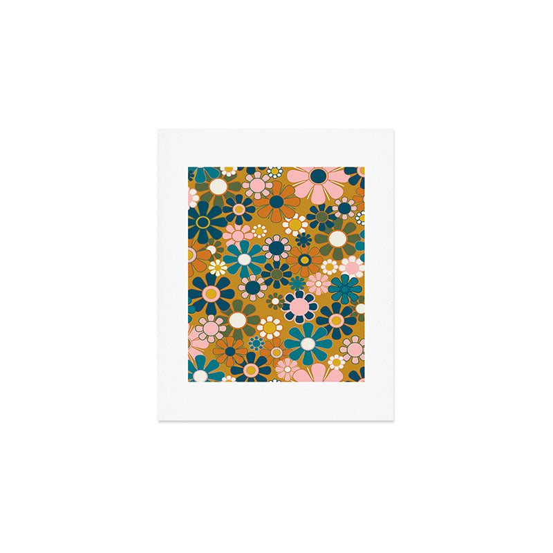 Pretty Groovy Retro Garden 60s 70s Aesthetic Floral Pattern Ochre Teal Olive Pink Art Print Gallery Image 1