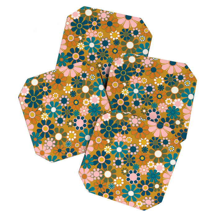 Pretty Groovy Retro Garden 60s 70s Aesthetic Floral Pattern Ochre Teal Olive Pink Coaster Gallery Image 1