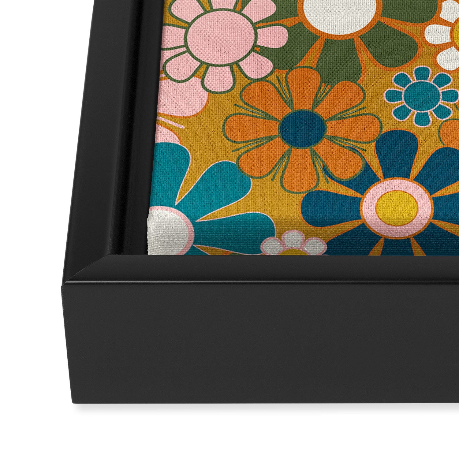 Pretty Groovy Retro Garden 60s 70s Aesthetic Floral Pattern Ochre Teal Olive Pink Framed Canvas Print Gallery Image 3