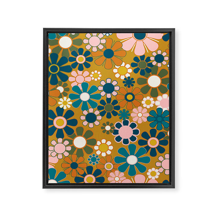 Pretty Groovy Retro Garden 60s 70s Aesthetic Floral Pattern Ochre Teal Olive Pink Framed Canvas Print Gallery Image 1