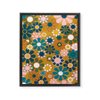 Pretty Groovy Retro Garden 60s 70s Aesthetic Floral Pattern Ochre Teal Olive Pink Framed Canvas Print Gallery Image 8