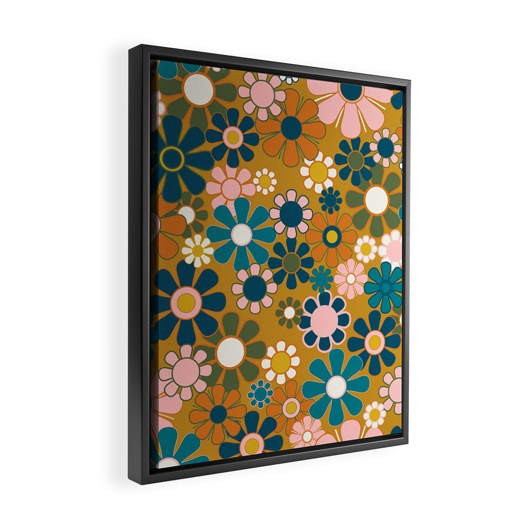 Pretty Groovy Retro Garden 60s 70s Aesthetic Floral Pattern Ochre Teal Olive Pink Framed Canvas Print Gallery Image 2