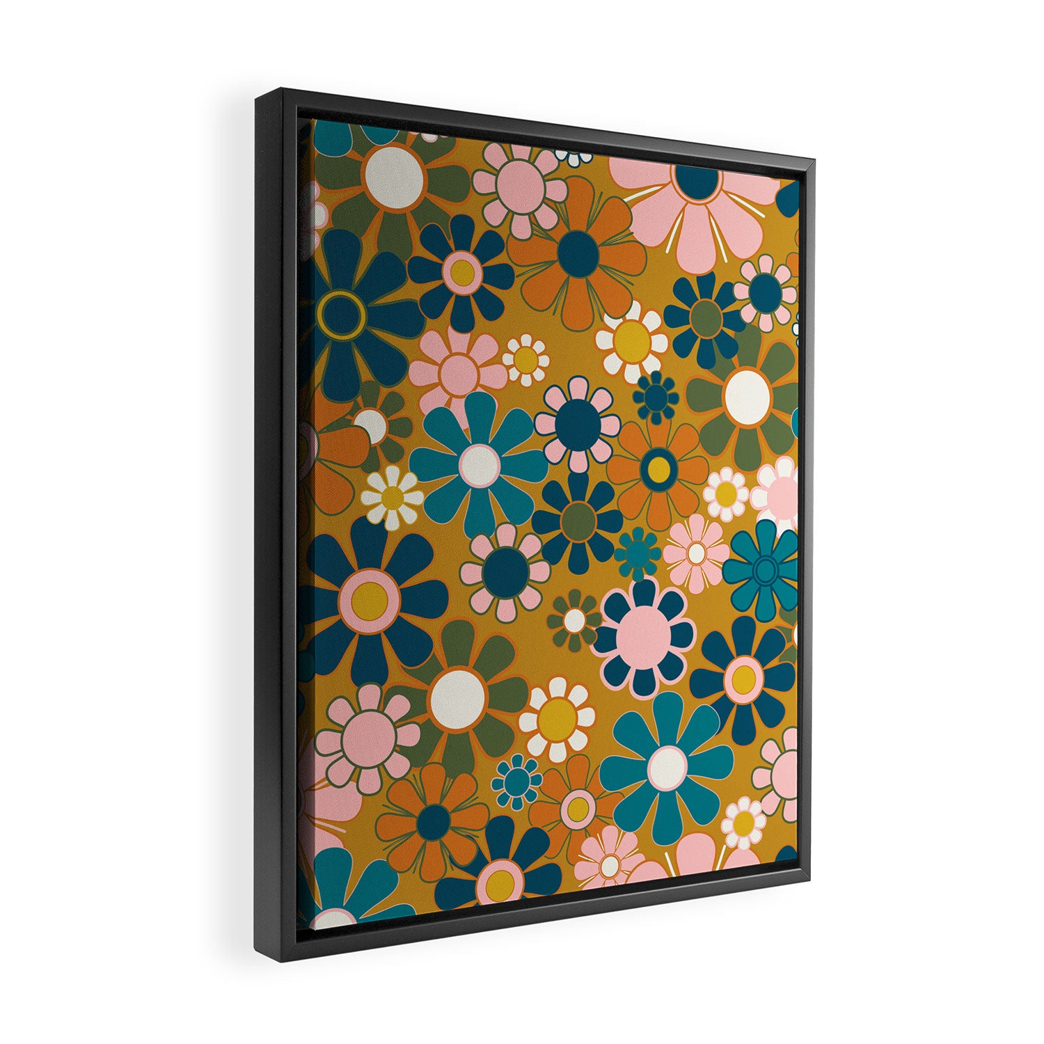 Pretty Groovy Retro Garden 60s 70s Aesthetic Floral Pattern Ochre Teal Olive Pink Framed Canvas Print Gallery Image 2