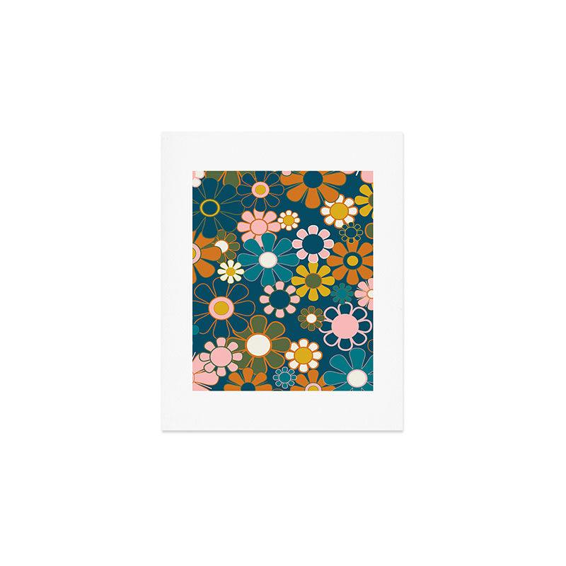 Pretty Groovy Retro Garden Floral Pattern Blue Pink Orange Olive 2 Art Print Gallery Image 1
