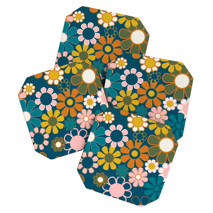Pretty Groovy Retro Garden Floral Pattern Blue Pink Orange Olive 2 Coaster Gallery Image 1